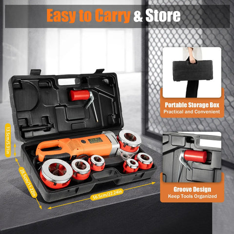 Jobsite Beast 2300W Electric Pipe Threader Rig With Auto Feed Rotary Die And Six Heavy Duty Hardened Steel Cutters For Tradesmen Handling One Half To Two Inch Pipe Threading Projects in portable case, tools organized, easy storage.