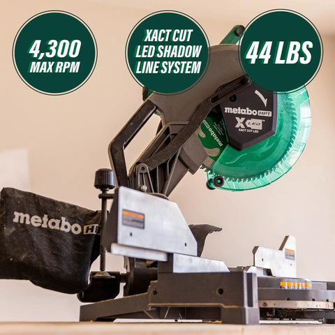 Side view of 12-Inch Compound Miter Saw with Xact Cut LED Shadow Line System, 15 Amp motor, 4,300 RPM, dual bevel for woodworking projects.
