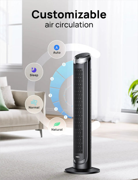 Ultra Stealthy Tower Fan For Bedroom Delivering Crisp Cool Breezes And Dead Silent Operation At Twenty Eight Decibels So You Can Chill Out All Night With Flexible Oscillation Timing, showcasing customizable air circulation options.