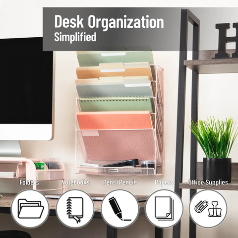 Top Shelf Pink Metal Mesh Vertical File Storage Desktop Organizer With Hella Angled Pockets For Folders And Documents wall mount on desk.