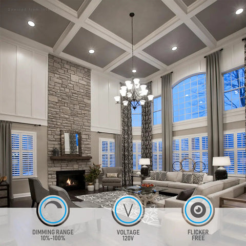 Living room with 8 Inch Slim Recessed LED Canless Downlight Kit installed in ceiling, showing dimming and voltage features.