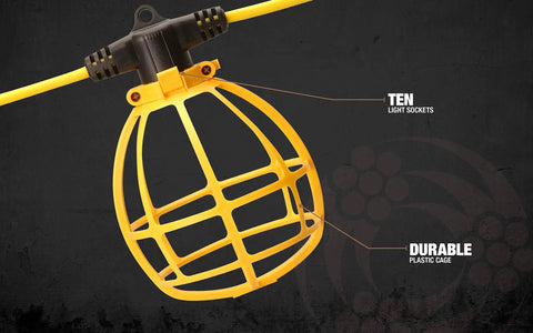 Close-up of yellow plastic guard and socket on Temporary 100 Foot Indoor Outdoor String Light Cord With 10 Lamp Sockets 14 2 SJTW 15 Amp Standard