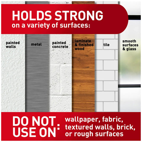 Medium Clear Damage Free Hanging Hooks Set With Six Hooks And Clear Strips showing surface compatibility chart.