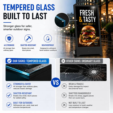 Tempered glass image comparison for outdoor signage durability, showcasing 32 Inch Hella Bright Portable Outdoor Digital Signage Featuring 2000 Nits IP65 Waterproof Rugged LCD Display With 1200Wh Extended Run Time Battery For Smooth Plug And Play CMS Kiosk.