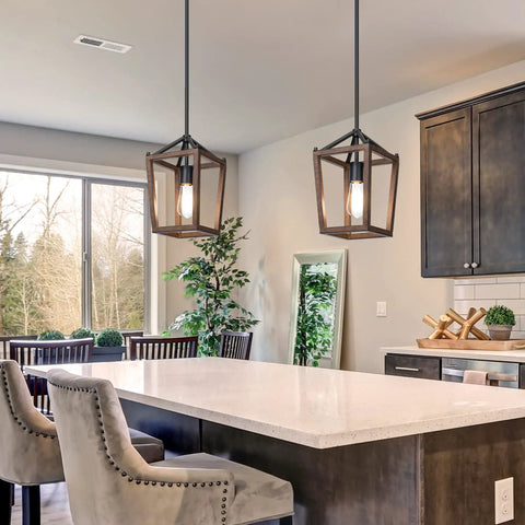 Farmhouse Pendant Light For Kitchen Island One Light Rustic Wood Cage Fixture With Brown Finish Adjustable Height
