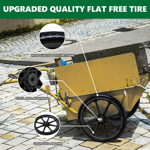 20 Inch Flat Free Tire And Wheel With Three Quarter Inch And Five Eighth Inch Bearings Replacement Wheels For Wheelbarrows Lawn Carts Big Wheel Utility Carts And Garden Yard Carts Set Of 2 Black displayed on garden cart with close-up details of components.