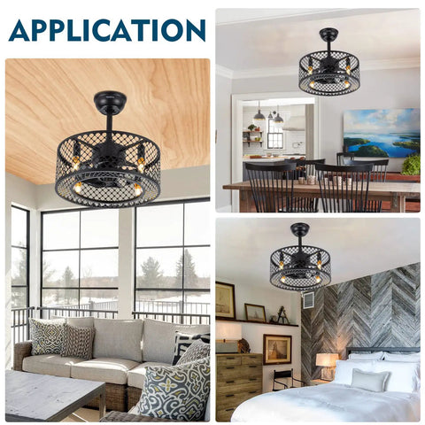 Dope Caged Ceiling Fan With Lights Remote Control, Industrial Enclosed Blades, 18 Inch Black Fixture for various rooms