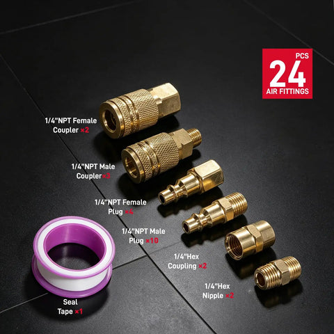 All In One 24 Piece One Quarter Inch NPT Quick Connect Air Hose Fittings Kit With Male And Female Couplers Plugs Hex Couplings Nipples And Thread Seal Tape For Home Garage And Professional Pneumatic Systems Up To 300 PSI, 1/4 in brass fittings