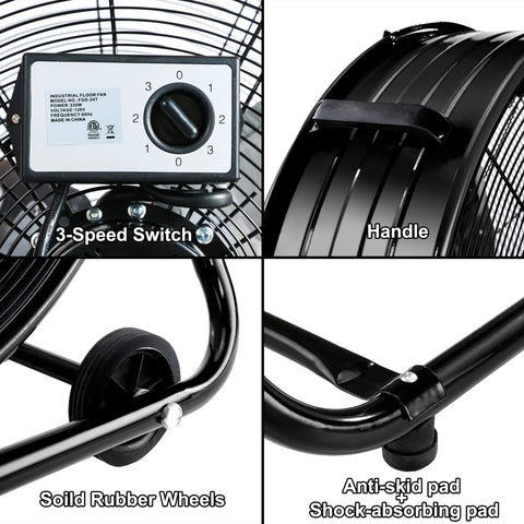 Close-up of 24 Inch High Velocity Drum Fan With 8100 CFM Beast Mode Airflow For Garage And Workshop Heavy Duty Industrial Floor Fan, showing 3-speed switch, handle, solid rubber wheels, and anti-skid pad.