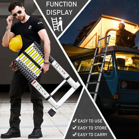 Aluminum Telescoping Ladder 8.5 Ft With Hooks And Stabilizer For Easy Extension And Folding Heavy Duty Portable Step Ladder With Safe Locking Clicks Built To Last For Home Garage And Jobsite High Reach Tasks, folded and extended for RV use