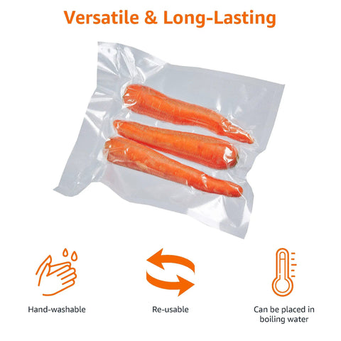 White Vacuum Sealer Bag Rolls Two Pack Heavy Duty Food Storage with carrots, reusable and dishwasher safe.