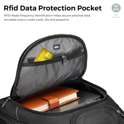 TSA Approved Laptop Backpack With USB Charging Port, RFID Safe Pockets showcasing interior with notebook and RFID tag