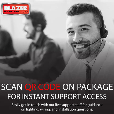 Customer service representative smiling while wearing a headset, offering support for Blazer International products.