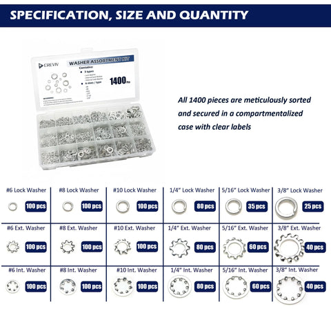 Washer assortment kit in clear plastic case with carbon steel zinc-plated lock washers (internal & external teeth), 1400 pcs