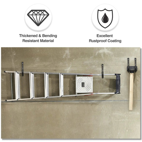 Beast Mode Heavy Duty Wall Hooks 4 Pack Black 8 Inch Long Hangers Thick Carbon Steel holding a ladder against a concrete wall.