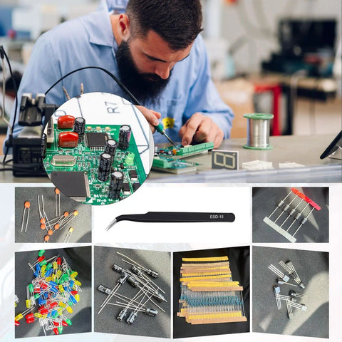 Technician using Massive 1400Pcs Electronics Component Kit With Transistors, LED Diodes, Metal Film Resistors, Capacitors