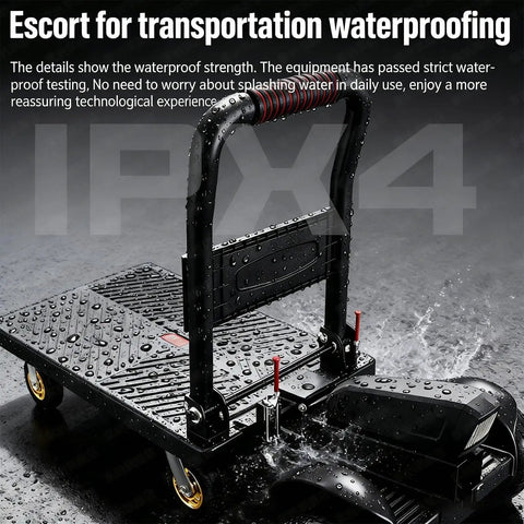 Waterproof Heavy Duty Electric Push Cart Dolly With 300KG Capacity And Massive 800W Motor in wet conditions
