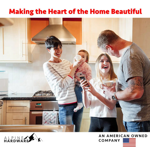 Family enjoying time in modern kitchen with Alpine Hardware products displayed, emphasizing heart of the home theme.