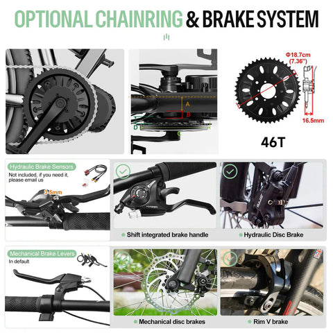 46T chainring and brake system of 52V 1000W Mid Drive Ebike Conversion Kit With CAN Bus EKD01 Display 20Ah Battery