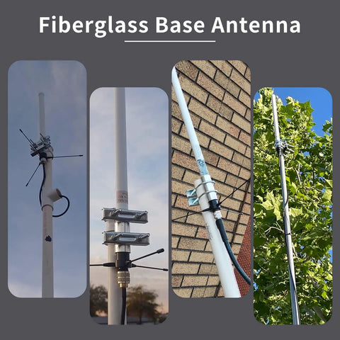 Fiberglass 17 Inch Ham Radio Base Antenna With Ground Plane Kit for outdoors mounted on walls and rooftops.