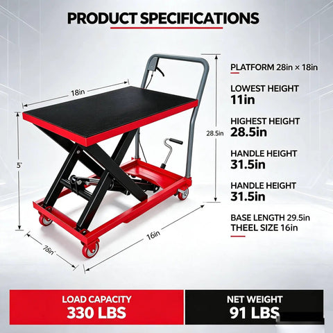 Manual Hydraulic Scissor Lift Table Cart Providing 330 Lb Capacity Plus 28.5 Inch Max Rise showing product specifications and dimensions.