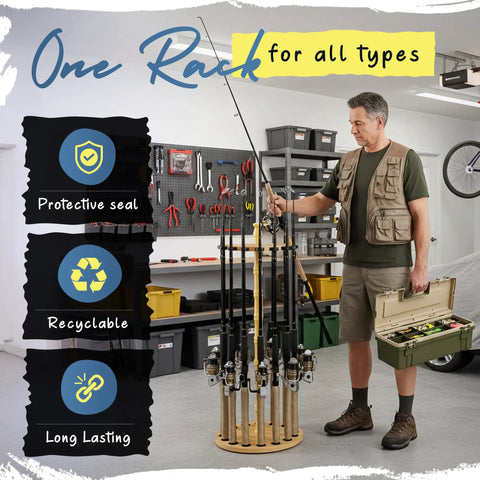 Man in garage with Round 16 Rod Storage Rack With Handcrafted Wood Post No Tool Assembly Wood Grain Laminate Organizer