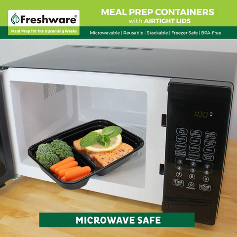 Top Tier Meal Prep Setup, Two Compartment Bento Boxes With Secure Lids, 15 Pack Stackable Food Storage Containers, BPA Free Microwave And Dishwasher Safe, 28 Oz Portions Hit The Spot Daily in microwave with salmon and vegetables.