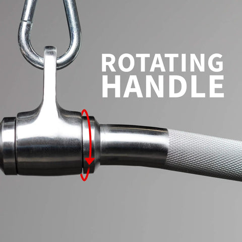 Silver rotating handle on multi grip curl bar attachment for cable machines highlighting grip positions for home gyms.