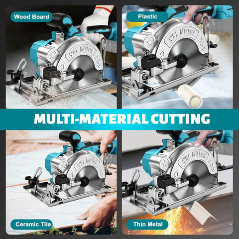 Badass 5 Inch Brushless Cordless Circular Saw Snap Mount Design cutting wood, plastic, ceramic tile, and thin metal materials.