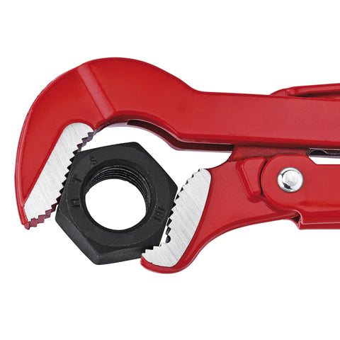 Swedish Pattern Pipe Wrench S Shape With 45 Degree Angled Jaws And Offset Teeth gripping hex nut, three-point grip, red handle