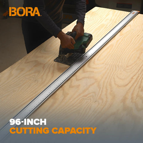 Turn Your Saw Into A Track Master With This Eight Foot NGX Circular Saw Guide Rail System Featuring Quick Release Connector And Clamping Straight Edge For Clean Plywood OSB Or Sheet Goods Rip Cuts With Router Or Jigsaw on plywood