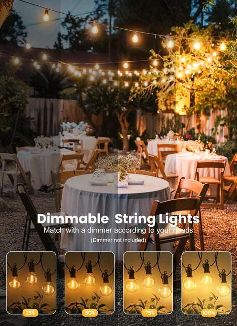 Outdoor String Lights 50 Foot Long With 25 Plus 2 G40 LED Bulbs Shatterproof Patio Lights illuminating a garden party scene
