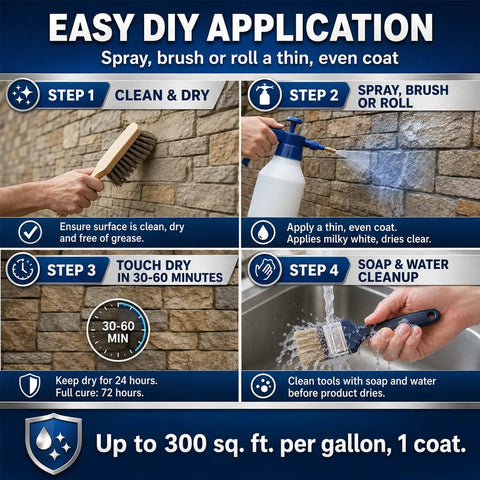 Easy DIY application steps for Slick Wet Look Stone Sealer Hella Durable Water Based Color Enhancer For Outdoor Pavers Concrete Patio Driveway Brick Masonry Rock Solid Finish In One Full Gallon.