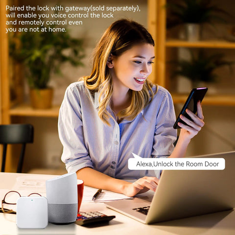 Step Up Your Daily Home Security Routine With This Smart Fingerprint Door Lock Featuring A Rock Solid Handle Set For Seamless App Control Quick Auto Lock And Truly No Sweat Keyless Entry Access, woman using smartphone and smart speaker at desk.