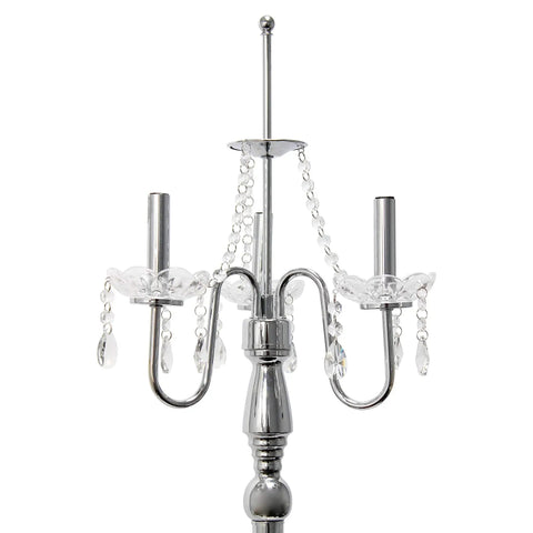 Romantic Cascading Crystal Floor Lamp With Sheer Drum Shade In Chrome Finish, candelabra bulb holder detail without bulbs