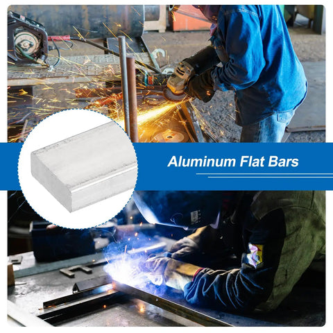 Six Pack Square Aluminum Flat Bar Workhorse One Eighth Inch Thick Five Sixteenth Inch Wide Sixteen Inch Long 6061 Aluminum Alloy Flat Stock For Industrial Building Fabrication Furniture Art And DIY Repairs in use, welding and grinding scene.