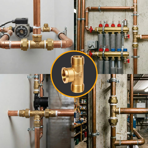 Brass 1/2-in pipe tee with two male and one female ends, shown in a copper plumbing installation collage.