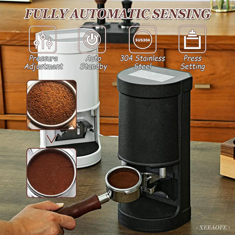 Automatic 58mm Espresso Tamper With Electric Pressure Control From 5 To 30kg Height Adjustable Stand for no sweat tamping in black finish.