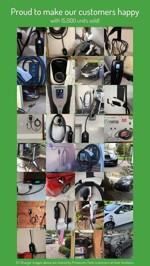 Collage of Level 2 Portable On The Go EV Charger EVSE 220/240V 16A 30ft And 50ft Cable with 14-50P Plug on various locations.