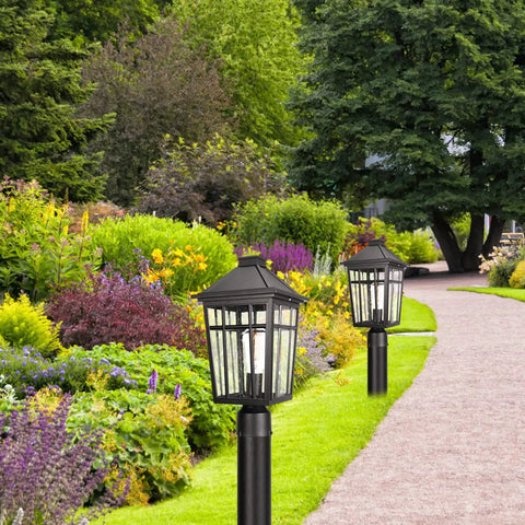 Outdoor Post Light Fixture For Garden And Patio, Tough As Nails Aluminum Lamp With Seeded Glass along garden pathway, daytime view.