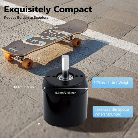 2300W Brushless Motor For Electric Skateboards And DIY E Vehicles 4080 RPM High Torque 170KV DC Motor next to a skateboard