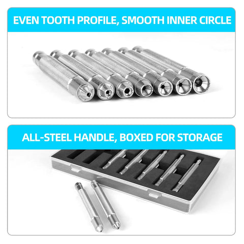 7 Piece Crown Winding Set For Mechanical Watches in steel, displayed in box with smooth handles, ideal for precision use.