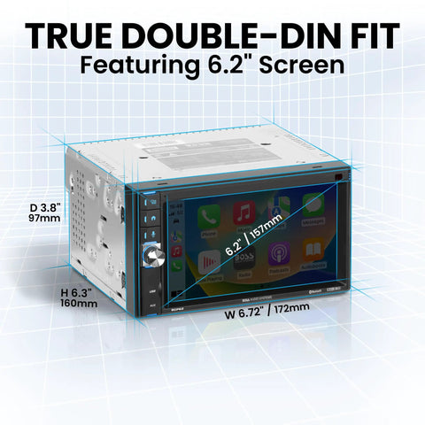 BCP62 RC Car Stereo with Apple CarPlay and Bluetooth 6.2 Inch Capacitive Touchscreen Double Din dimensions shown