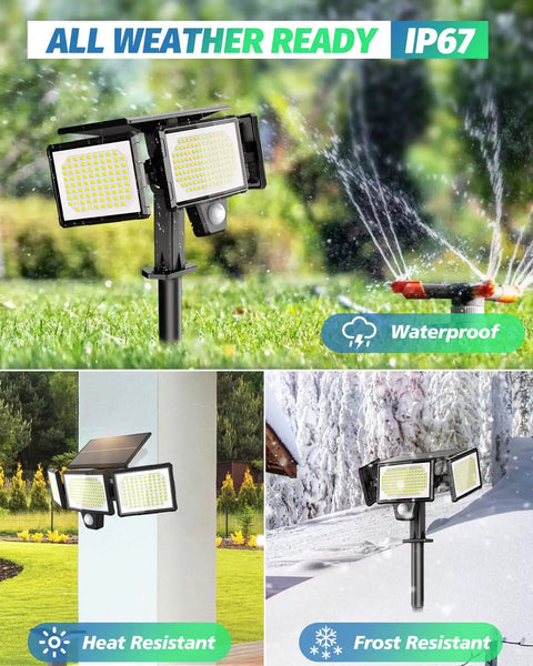 Workhorse Solar Flood Lights With 3000 Lumens Super Bright Motion Sensor And Handy Remote Large Panel IP67 in outdoor settings under various weather conditions.