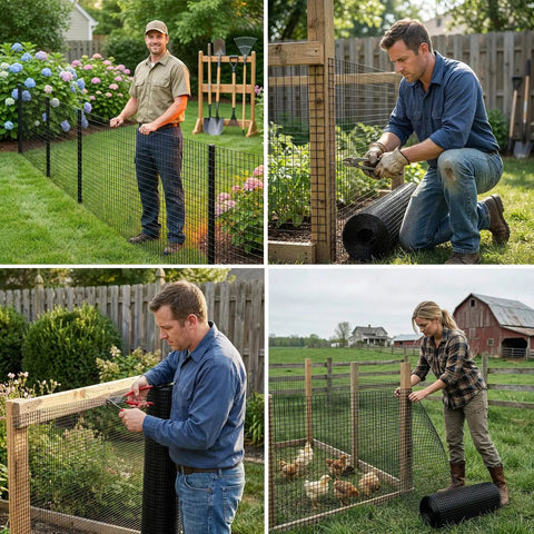 People using Black Hardware Cloth One Half Inch Mesh Roll, 50 Feet, 19 Gauge Vinyl Coated Welded Wire Fence in a garden