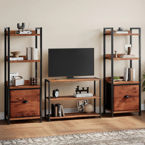 4 Tier Bookshelf With Fabric Drawer And Industrial Wood And Metal Storage Shelf Space Saver For Small Rooms In Bedroom Or Living Room Narrow Tall Display Stand In Brown beside TV stand, showcasing books and decor.