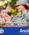 Military woman and child holding flag with text "A Family Tradition of Patriotism" by Annin Flagmakers, USA made.