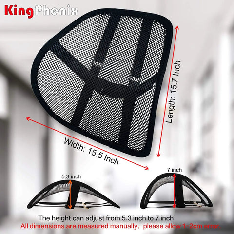 KingPhenix Two Pack Mesh Lumbar Support For Car And Office Chair, adjustable mesh width 15.5 inch, length 15.7 inch, height adjustable 5.3 to 7 inch.