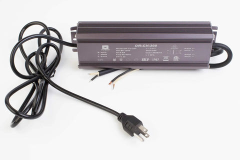 24V 12.5A 300W LED Power Supply Driver For LED Strip Lights ETL Listed Waterproof IP67 Aluminum Case 110V To DC Output Transformer Safe 80 Percent Load And Efficient Heat Dissipation shown with power cables