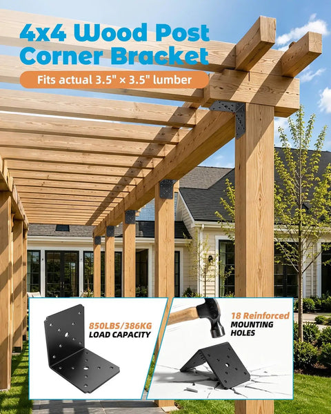 Solid As A Rock Heavy Duty L Bracket 4X4 Corner Braces For Wood Deck And Pergola Posts 90 Degree Steel Angles shown in use on a pergola.